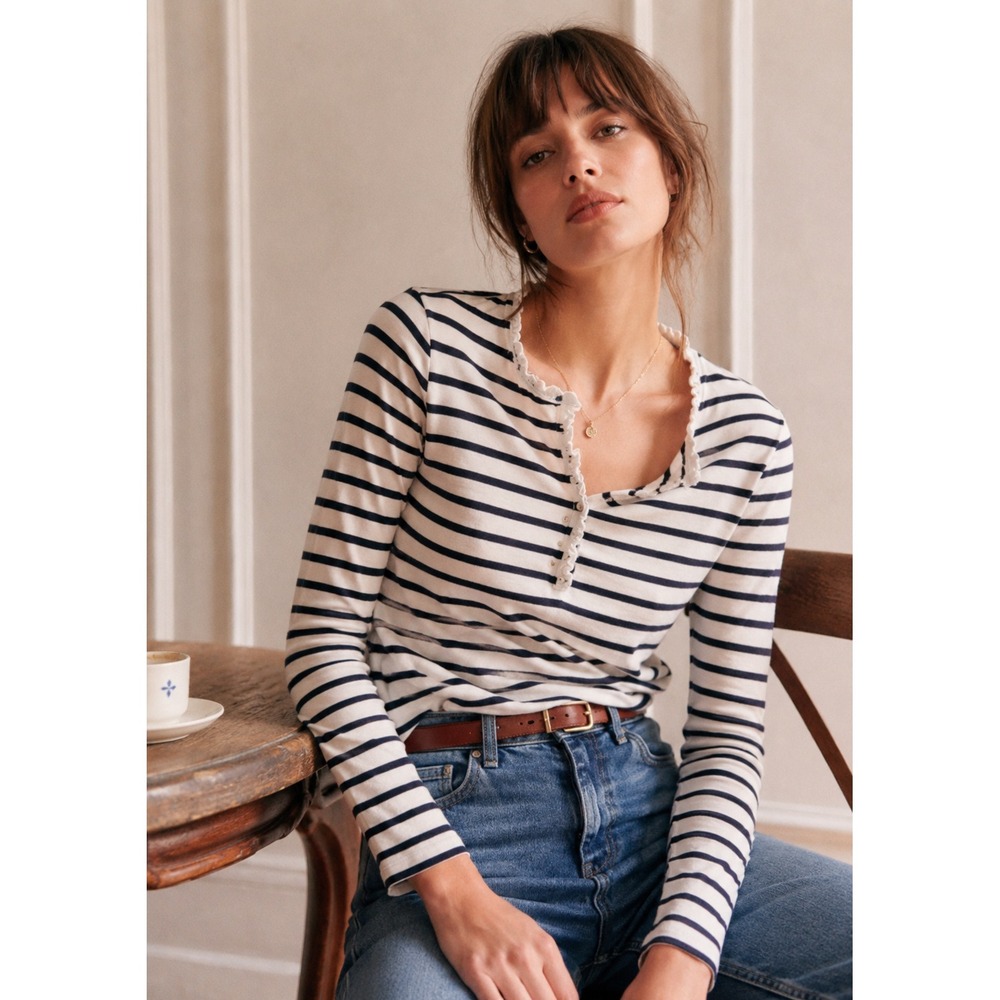 Sezane Breton Stripe Ruffle Henley Long Sleeve Top Organic Cotton Navy Cream XL